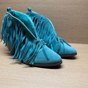Beast Fashion Turquoise Fringe Ankle Boots Size 6.5 Teal Faux Suede Boho Western